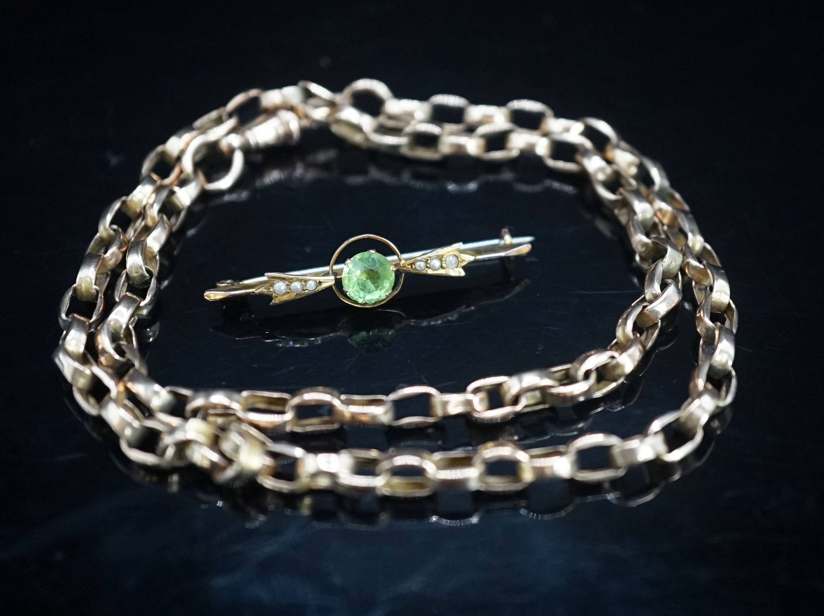 A 9ct belcher link chain, 42cm and a 9ct and gem set bar brooch gross weight 14.2 grams.